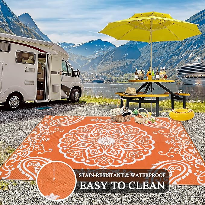Pauwer Outdoor Rug 8x10, Waterproof Plastic Straw Camping Rug, Boho Orange | Reversible Patio Rug, UV Resistant Indoor Outdoor RV Mat Carpet For Deck, Camper, Porch, Balcony, Backyard, Picnic, Foldable