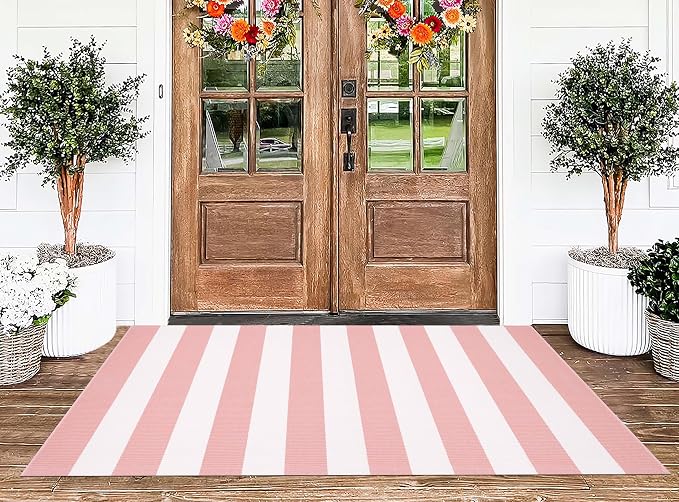 BUAGETUP Outdoor Rug 3'x 5',Pink Striped Area Rug Hand-Woven Cotton Washable Rug Indoor/Outdoor Area Rug Floor Mat for Farmhouse Living Room Bedroom