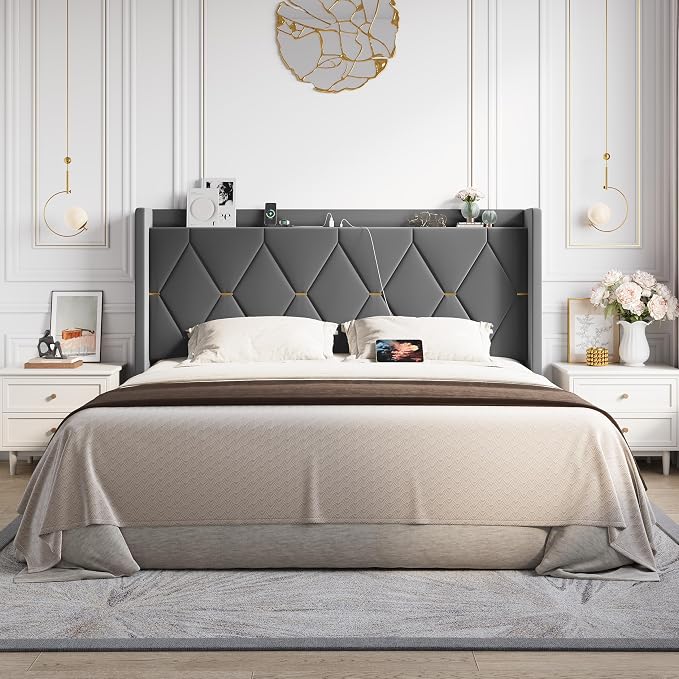 Allewie King Size Bed Frame with Storage Headboard & Charging Station | Diamond Tufted Design & Gold Trim, Velvet Upholstered Platform Bed, No Box Spring Needed, Easy Assembly, Noise-Free, Grey