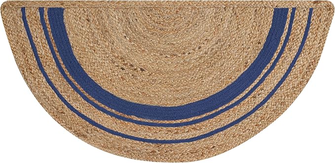 Boho Braided 1.5x3 Area Rug - Jute Natural Fiber Half Round Rug for Living Room Entryway, Farmhouse, Home, Indoor Rugs Jute Door mat for Bathroom, Kitchen (Navy Natural, 1.5 X 3 ft)