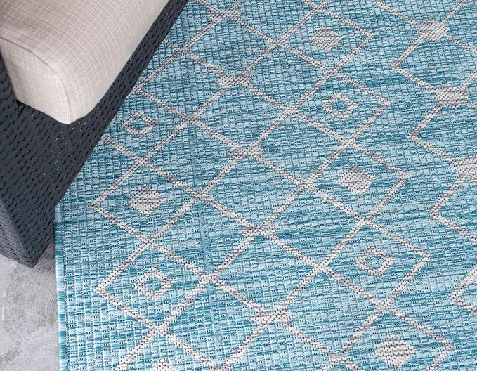 Unique Loom Outdoor Trellis Collection Area Rug - Tribal Trellis (4' 1" Round, Aqua/ Ivory)