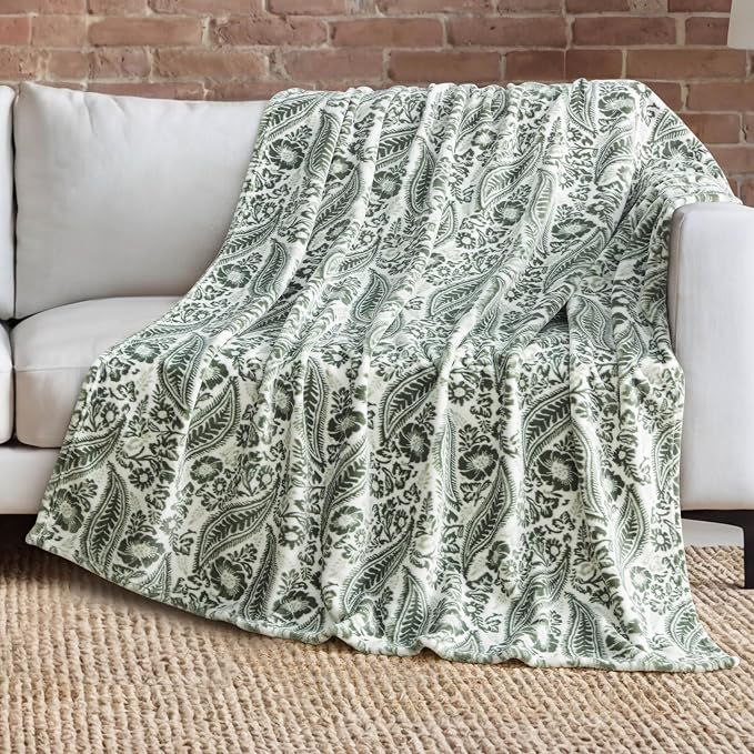 Lucky Brand 50" x 70" Plush Throw Blanket, Paisley Floral Sage Green Blanket for Sofa or Bed