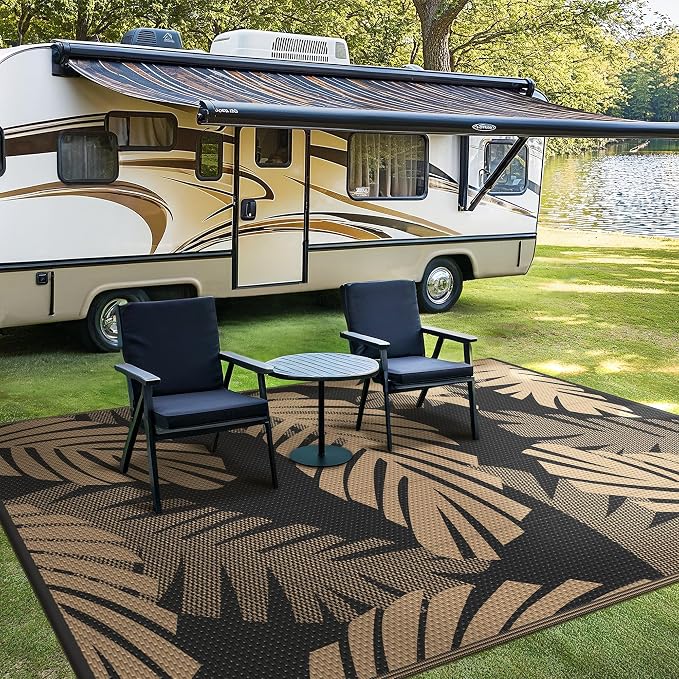 GENIMO Outdoor Rug, Waterproof Plastic Rugs for Patio, 5'x8' Black Brown | Outside Larger Leaf Carpet Mat for Porch Decor, Deck, Balcony, Camping, RV, Backyard, Picnic, Beach, Reversible, Foldable