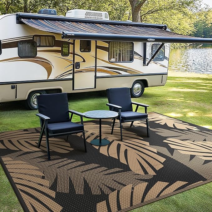 GENIMO Outdoor Rug, Waterproof Plastic Rugs for Patio, 6'x9' Black Brown | Outside Larger Leaf Carpet Mat for Porch Decor, Deck, Balcony, Camping, RV, Backyard, Picnic, Beach, Reversible, Foldable
