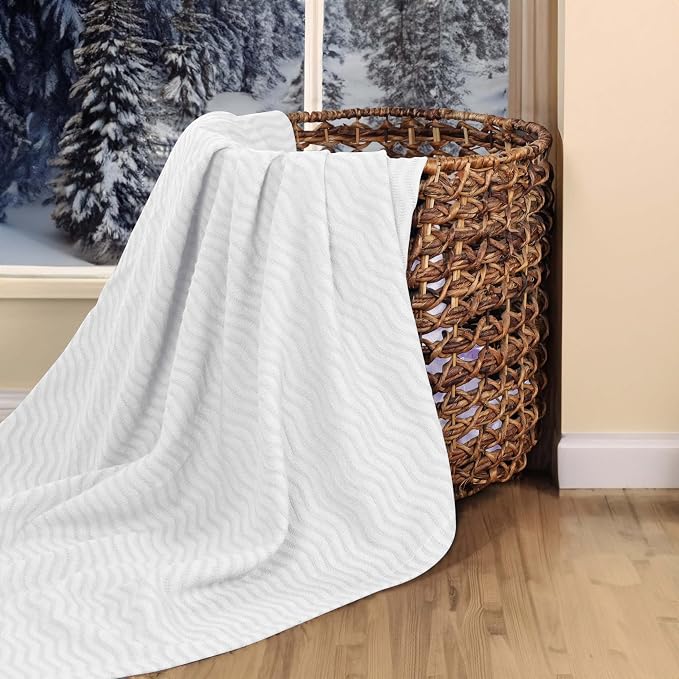 Superior JENA Cotton Blanket, for Picnic, Beach, Traveling or Camping, Bedroom Decor, Essentials, Cover for Bed, Couch, Lounging, Textured Jacquard, Modern Chevron Woven Blanket, Full/Queen, White