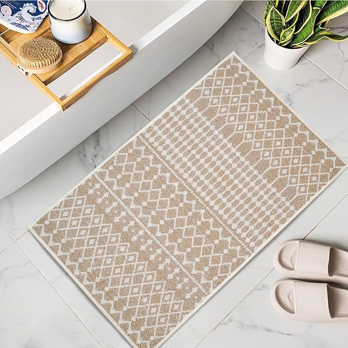 THE BEER VALLEY Moroccan Kitchen Runner Rug 27x45 Inch - Beige | Non Slip Cotton Woven Rugs for Laundry Room, Washable Boho Outdoor Area Runners