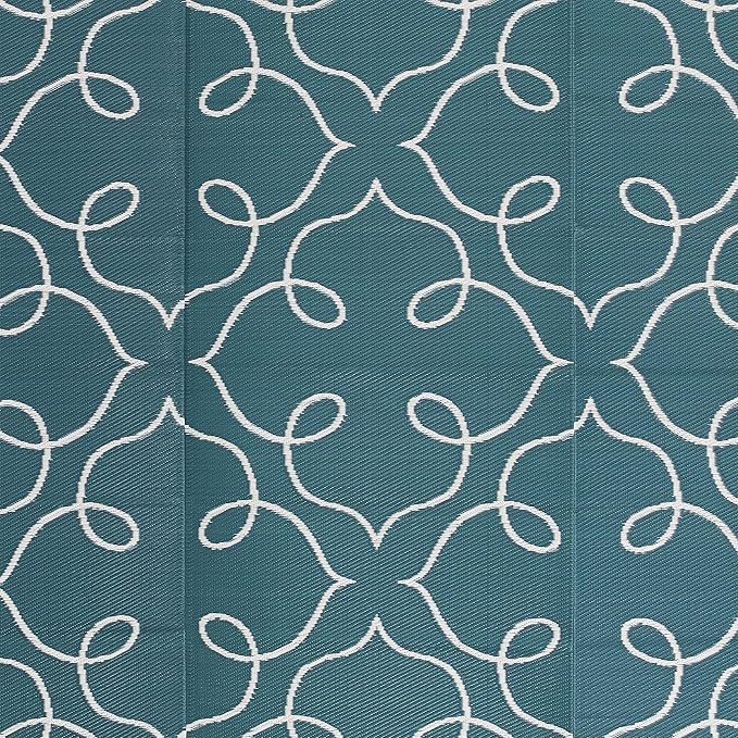 FH Home Outdoor Camping Rug - Waterproof, Fade Resistant, Reversible - Premium Recycled Plastic - Moroccan Lattice Tile - Large Patio, Deck, Sunroom, RV - Syracuse - Sea Green - 9 x 12 ft Foldable