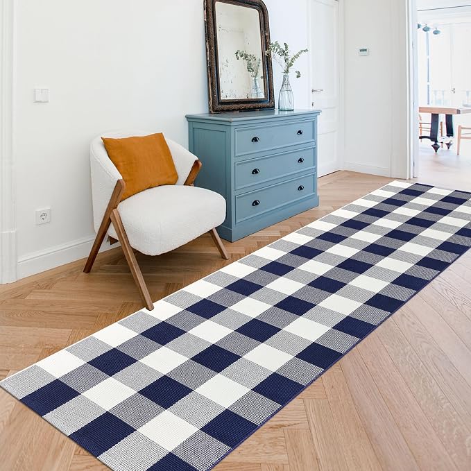 Buffalo Plaid Runner Rug 2x8 Feet Navy and White Checkered Hallway Runner Area Rug Farmhouse Cotton Woven Washable Carpet for Entryway, Kitchen, Laundry, Bedroom, Living Room