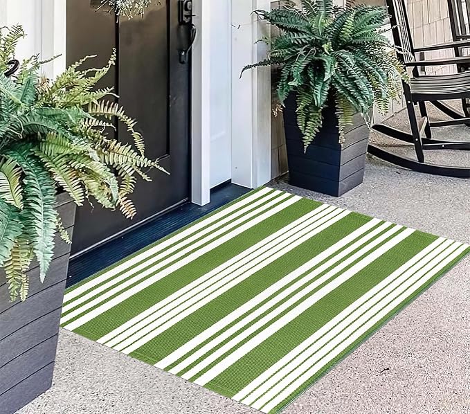 Green and White Striped Outdoor Rug 24'' x 35'' Door Mat Outdoor Machine Washable Welcome Mats Cotton Hand-Woven Entryway Rug for Front Porch/Entryway/Laundry/Bathroom/Bedroom
