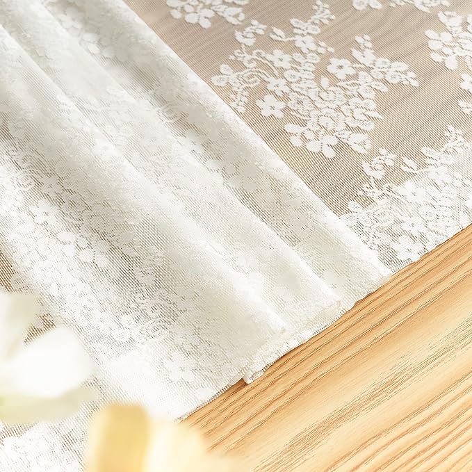 YJ YANJUN Vintage Lace Curtains 63 Inches Length- Elegant Victorian Floral Ivory Sheer Curtain Panels for Living Room Bedroom Kitchen, Scalloped Edges Rod Pocket, 2 Panels 52W x 63L Cream