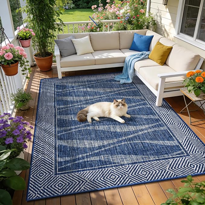 Easy Jute Rug 5x7 Outdoor Patio Rug with Border, Washable Rugs for Living Room, Farmhouse Non Slip Area Rugs with Rubber Backing Indoor Outdoor, Non Shedding Carpet for Bedroom, Courtyard, Blue