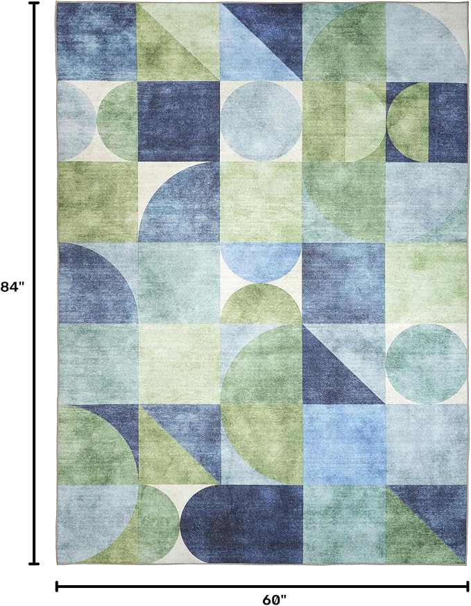 ReaLife Rugs Machine Washable Indoor Outdoor - Mat Rug Foldable Printed Thin Lightweight Cushioned Fade Resistant Patio Deck Dock Porch Pool Balcony Camping - Naya - Blue Green 5' x 7'