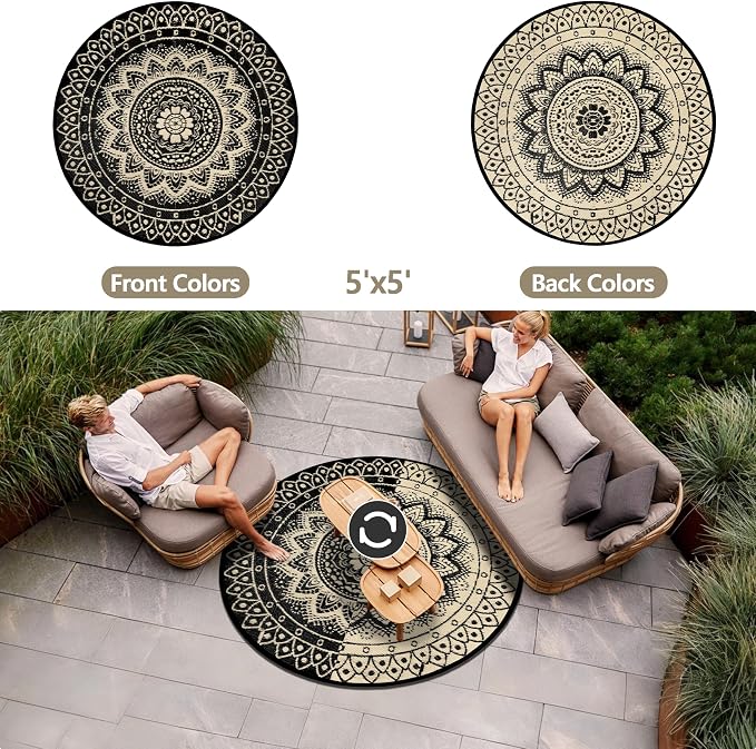 Round Outdoor Rugs for Patios, 5Ft Waterproof Reversible Plastic Straw Mat with Carry Bags, Boho Lightweight Outdoor Carpet Portable Round Floor Mat for Patio Camping Picnic Backyard RV,Black Camel