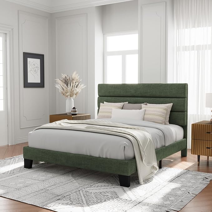 Allewie Queen Size Platform Bed Frame with Fabric Upholstered Headboard and Wooden Slats Support, Fully Upholstered Mattress Foundation/No Box Spring Needed/Easy Assembly, Green