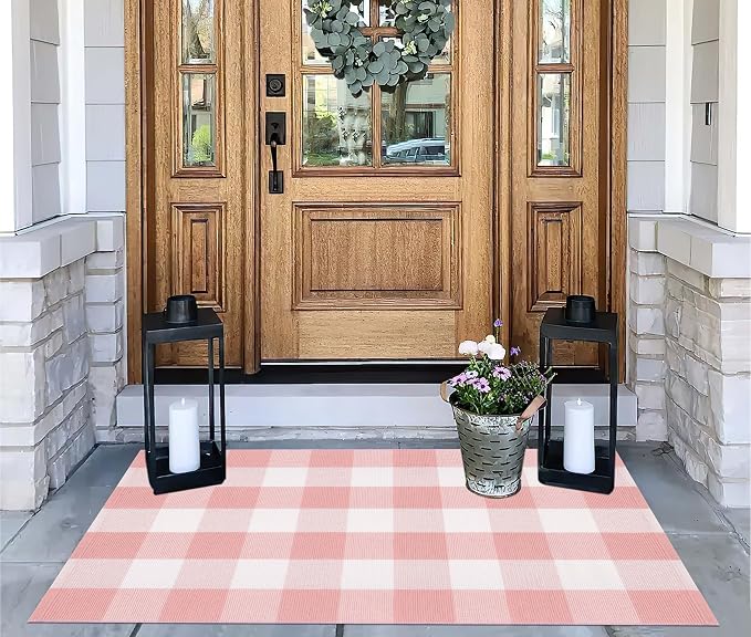 Pink and White Outdoor Rug 27.5''x 43.3''Buffalo Plaid Layered Doormat Woven Machine Washable Farmhouse Door Mats Outdoor for Hello/Welcome Mat,Entryway,Bedroom,Patio