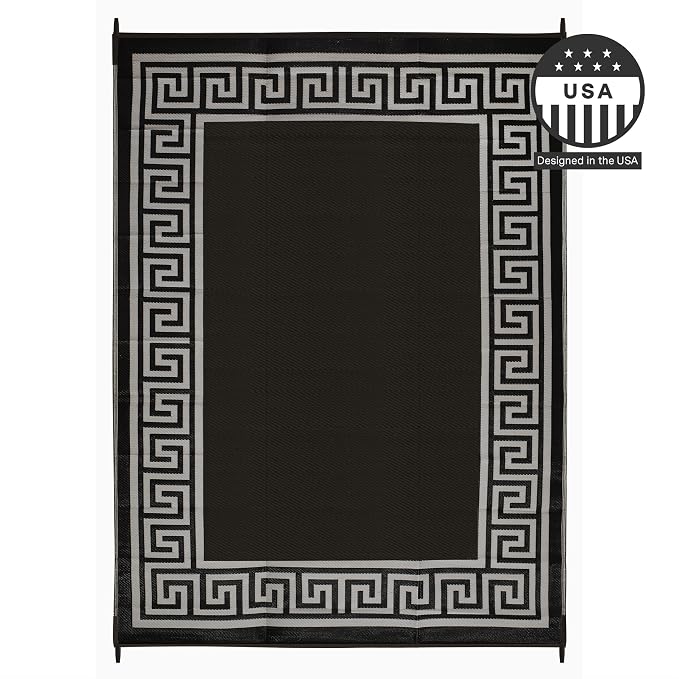 FH Home Outdoor Camping Rug - Waterproof, Fade Resistant, Reversible - Premium Recycled Plastic - Greek Border - Large Patio, Deck, Sunroom, RV - Athens - Black & White - 9 x 12 ft Foldable