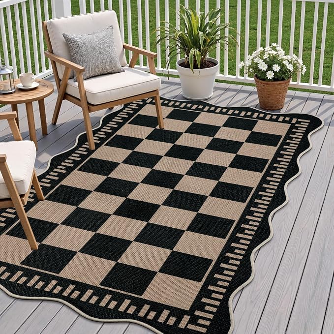 EDIMENS Scalloped Outdoor Rug 3x5 Jute Front Porch Patio Entry Entryway Rug | Checkered Front Door Mat Small Non-Slip Washable Area Rug Carpet Low Pile Black Indoor Farmhouse Doormat for Entrance Doorway