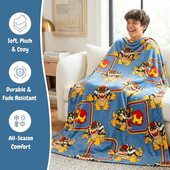Super Mario Bowser Kids Throw Blanket, 46 in x 60 in, Soft Cozy Decorative Blanket for Couch, Bed, or Gaming Room (Officially Licensed Product) by Franco