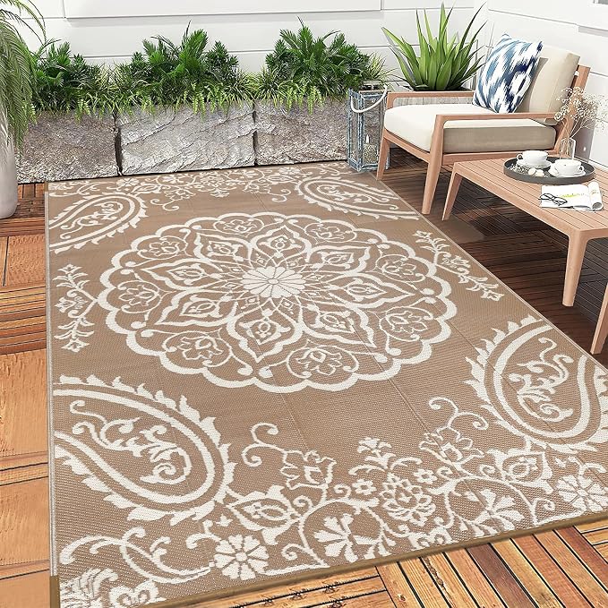 Pauwer Outdoor Rug 5x8, Waterproof Plastic Straw Camping Rug, Boho Brown | Reversible Patio Rug, UV Resistant Indoor Outdoor RV Mat Carpet For Deck, Camper, Porch, Balcony, Backyard, Picnic, Foldable