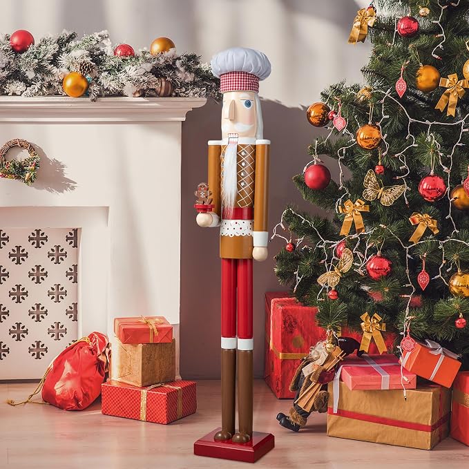 Glitzhome Nutcracker Christmas Decorations 42 Inch Gingerbread Chef Nutcracker with Cookie for Xmas Holiday Decor Porch Gateway