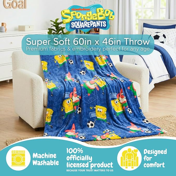 Spongebob Squarepants Kids Sports Soccer Throw, 46 in x 60 in, Soft Plush Blanket for Couch, Bed, or Sporting Events, 2026 World Tournament (Officially Licensed Product) by Franco