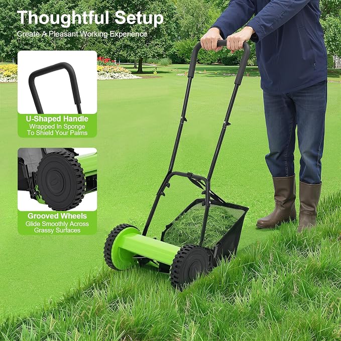 12in 5-Blade Push Reel Lawn Mower Manual Lawn Mower, Walk-Behind Lawn Mower with 6 Gallons Grass Catcher, 0.47-1.77 inches Manual Adjustable Cutting Height, for a Green Healthy Lawn (Green, 12in)