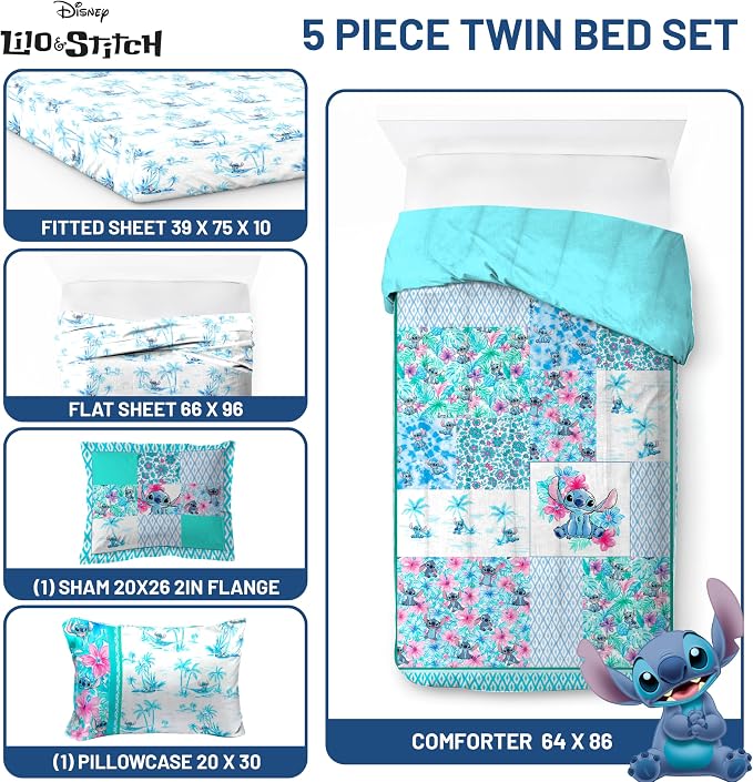 Disney Lilo and Stitch Twin Comforter Set 5 Piece Bedding for Girls, Multi | Bed in a Bag, Comforter Sheets Sham Pillowcase, Official Product, Soft Microfiber, Machine Washable, Easy Care, Girls Gift
