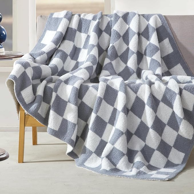 Elegant Comfort Checkered Throw Blanket, Gray Super Soft Cozy Fluffy Warm Throw Blankets for Couch, Sofa, Chair, Bed, Camping, Picnic, Travel Lightweight Bed Blanket (50" x 70")