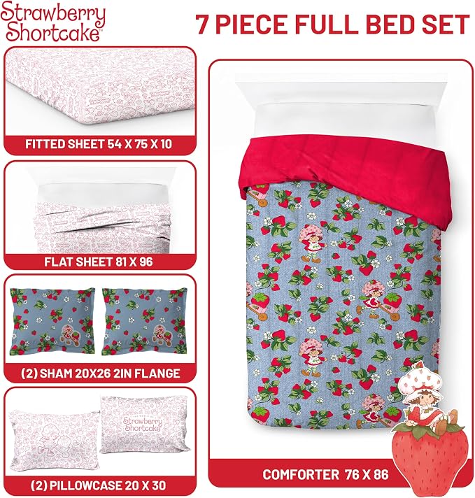 Strawberry Shortcake Full Comforter Set 7 Piece Kids Bedding, Blue | Bed in a Bag, Comforter Sheets Shams Pillowcases, Official Brand, Soft Microfiber, Machine Washable, Girls Gift