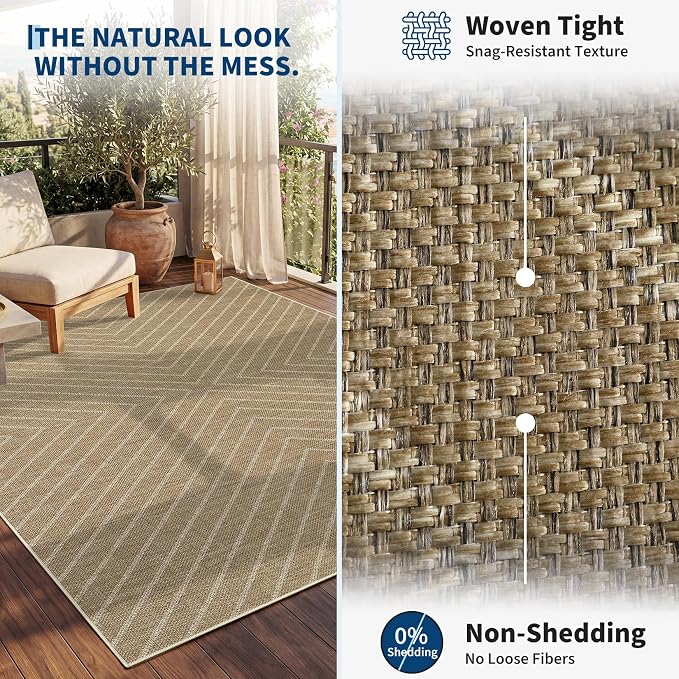 Garvee Easy Jute Rug 4x6 Outdoor Patio Rug, Washable Indoor Kitchen Rugs Non Slip Low Pile Stain Resistant Farmhouse Neutral Striped Area Rug for Entrance Living Room Backyard Bedroom 4'x6'