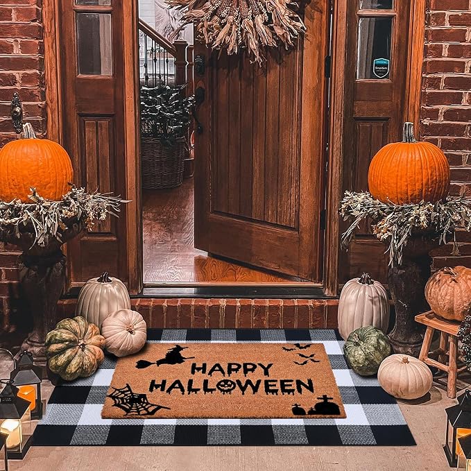 Halloween Decor Doormat Combo Set, 100% Coco Coir Welcome Mat + 3' x 5' Black and White Plaid Rug - Halloween Fall Front Porch Entryway Decor Floor Mat, Indoor Outdoor Autumn Mats Happy Halloween