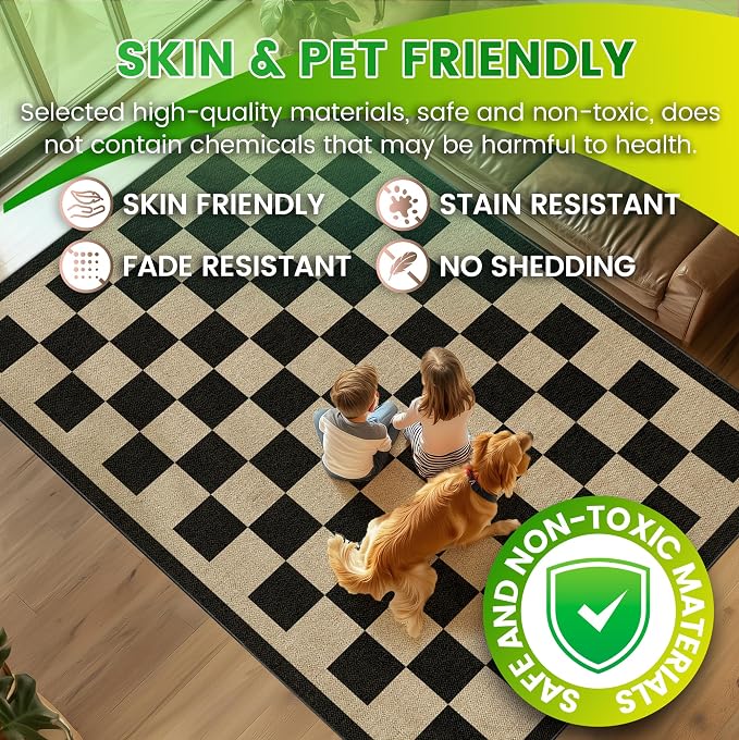 Washable Checkered Easy Jute Rug, 5x7 Black Checkerboard Boho Geometric Outdoor Indoor Patio Large Area Rugs, Low Pile Lightweight Non Slip Carpet Mat for Living Dining Room Bedroom Classroom Backyard