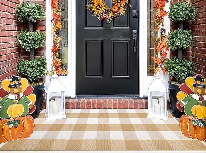 Khaki and White Outdoor Rug 24''x 51''Checkered Front Porch Mat Cotton Woven Washable Rugs Front Door Mat for Hello/Welcome Mat Entryway,Bedroom,Farmhouse Patio