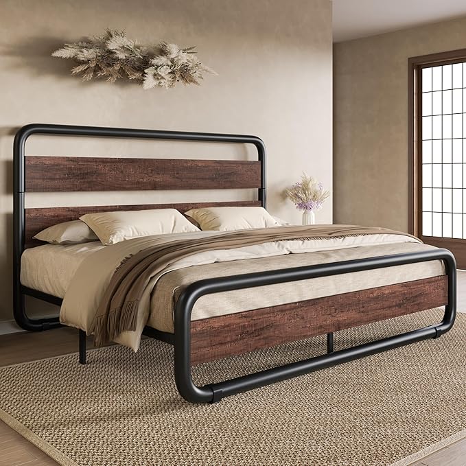 SHA CERLIN Full Size Metal Bed Frame with Wooden Headboard and Footboard, Heavy Duty Oval-Shaped Platform Bed Frame with 10" Under-Bed Storage, Noise Free, No Box Spring Needed, Mahogany