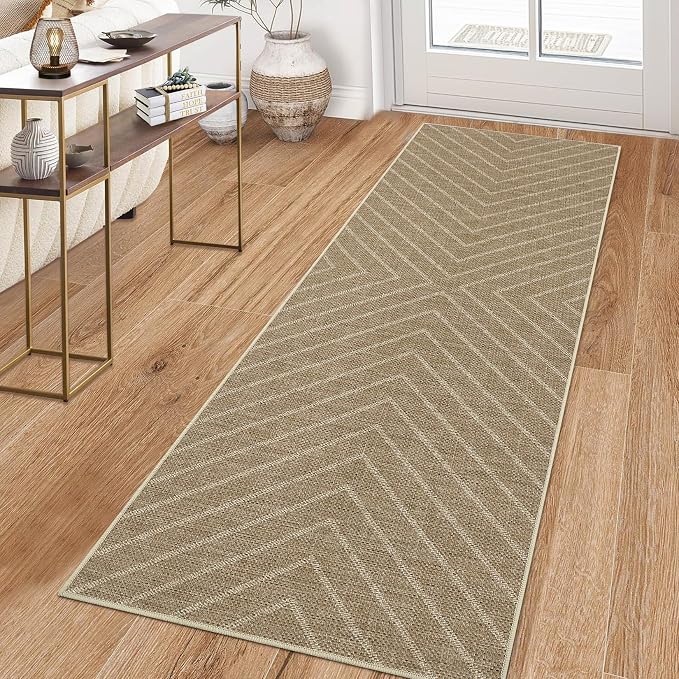 Garvee Easy Jute 2x6 Kitchen Runner Rug, Washable Rugs for Entryway Non Slip Outdoor Indoor Hallway Rug, Farmhouse Striped Morden Ultra Thin Non Shedding Carpet for Entry Bedroom Laundry 2'x6'