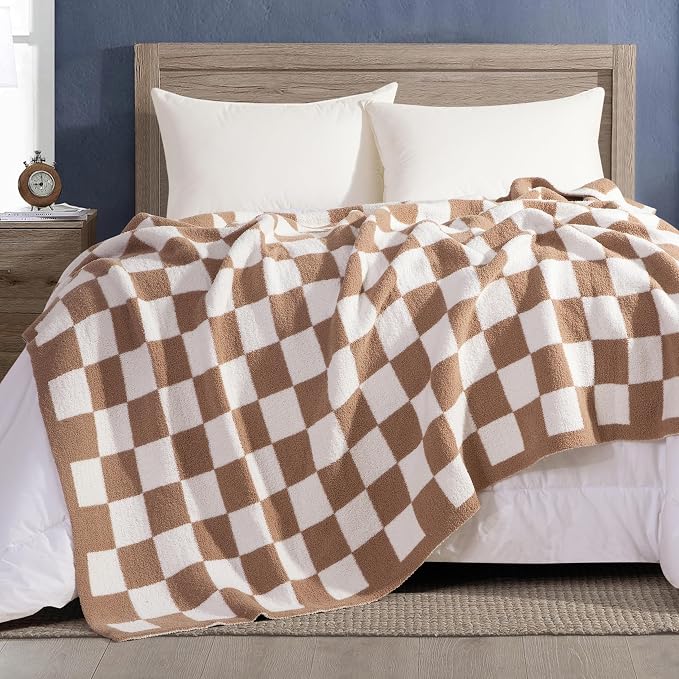 Elegant Comfort Checkered Throw Blanket, Taupe Super Soft Cozy Fluffy Warm Throw Blankets for Couch, Sofa, Chair, Bed, Camping, Picnic, Travel Lightweight Bed Blanket (50" x 70")