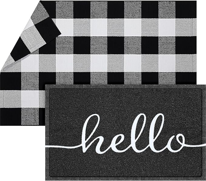 Geelin 2 Pcs 30'' x 18'' Hello Doormat 43'' x 27.5'' Black and White Layered Rug for Front Door Mat Outside Entrance Welcome Door Mats for Indoor Outdoor Entryway Porch Decor