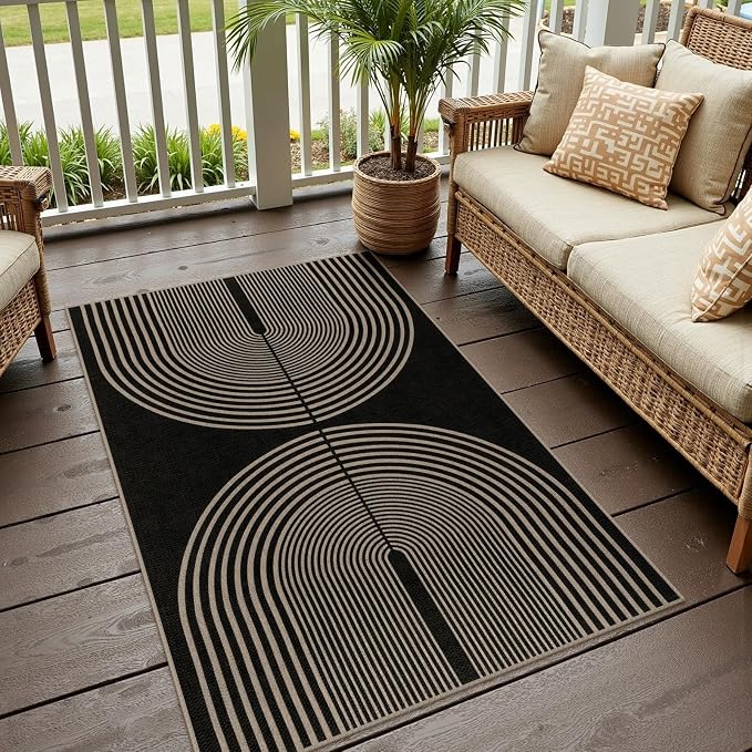 Rugalia Easy Jute Small Outdoor Patio Rug, 3x5 Black Rainbow Entryway Rug Washable Non-Slip Modern Kitchen Rugs, Neutral Farmhouse Boho Throw Carpet for Outdoor Living Room Porch Backyard