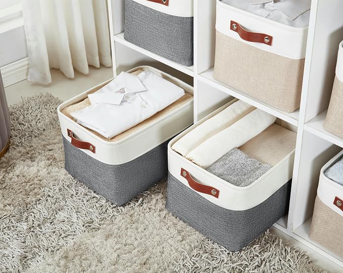 DECOMOMO Storage Bins, Large Fabric Storage Baskets for Shelves 4 Pack | 15 x 11 x 9.5 inches Decorative Linen Closet Organizers (Slate Grey & White)