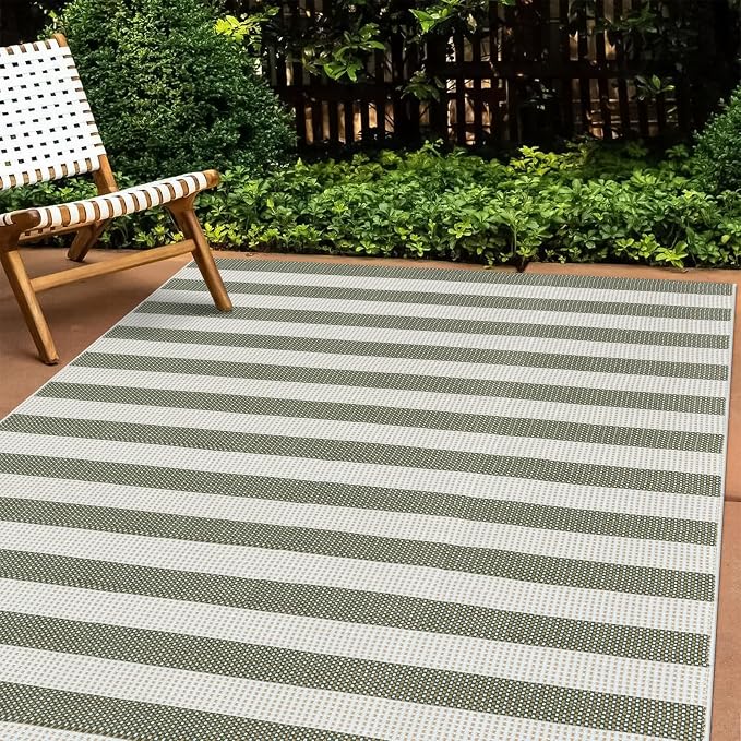 LEEVAN Outdoor Patio Rug 5x7 Striped Porch Mat, Washable Spring Balcony Rug | Green and White Backyard Rug, Plaid Outside Entrance Floor Mat, Indoor/Outdoor Layered Mat for Deck/Pool/Camping/RV