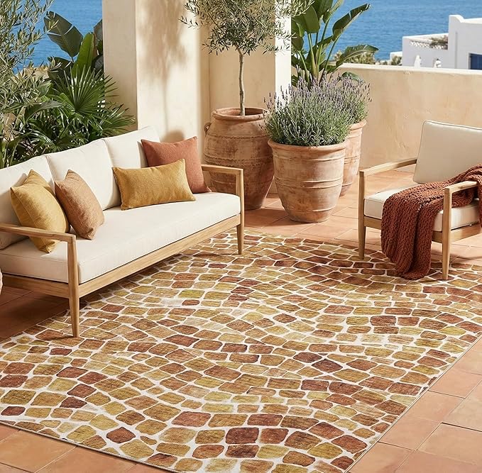 ReaLife Rugs Machine Washable Indoor Outdoor - Mat Rug Foldable Printed Thin Lightweight Cushioned Fade Resistant Patio Deck Dock Porch Pool Balcony Camping - Emery - Red Orange 5' x 7'