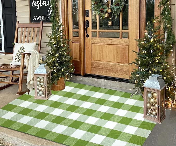 Green and White Outdoor Rug 3'X 5' Buffalo Checked Porch Rug Cotton Woven Machine Washable Layering Door Mat for Welcome Door Mat Porch Entryway Bedroom Living Room