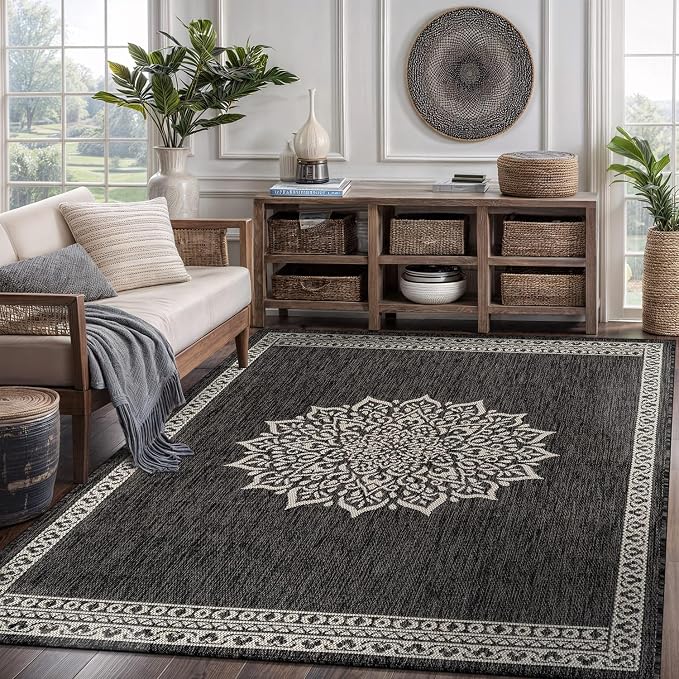 CAMILSON Outdoor Rug 5x7 Medallion Darkgray Modern Area Rugs for Indoor and Outdoor Patios Kitchen and Hallway Mats Washable Porch Deck Outside Carpet (Medallion Darkgray 5 x 7)