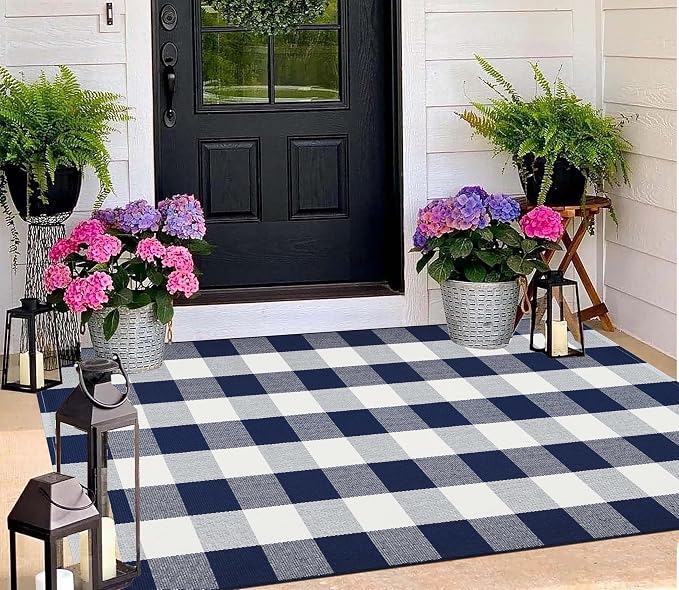 Outdoor Rug 3'x5'Blue and White Buffalo Checkered Rug Cotton Woven Machine Washable Farmhouse Front Porch Rug Door Mat Outdoor for Entryway,Patio,Bedroom,Hello Welcome Mat