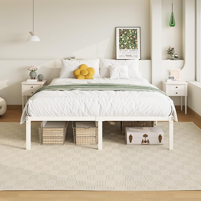 Allewie Full Size Bed Frame, 14 inch Metal Beds with Storage Space, Beige | Heavy-Duty Metal Platform Beds, Large Under-Bed Storage Space, No Box Spring Needed, Easy Assembly