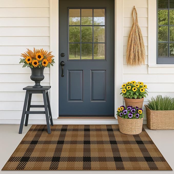 Easy Jute Plaid 3x5 Entryway Rug, Brown Checkered Washable Front Door Mat, Indoor Outdoor Farmhouse Non Slip Rug for Porch, Entrance, Balcony and Kitchen