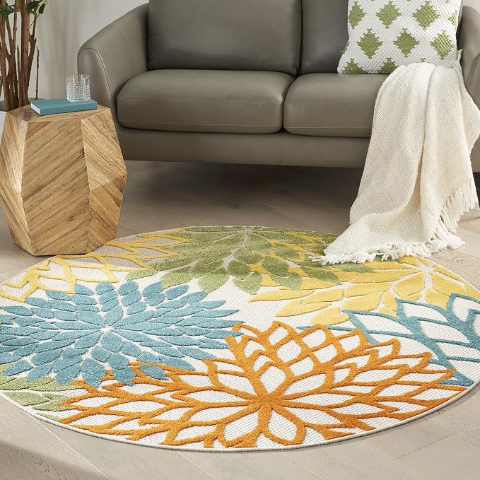 Nourison Home Aloha Turquoise Multicolor 4' x Round Area Rug - Easy Clean, Non Shedding, Bed Room, Living Room, Dining Room, Kitchen (4' x Round)