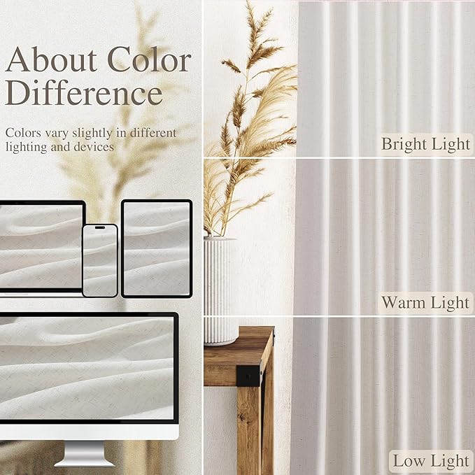 Nanspring Natural Linen Curtains for Living Room 98 Inches Long Rustic Farmhouse Decor Light Filtering Semi Sheer Curtain Back Tab and Rod Pocket Luxury Drapes for Bedroom Office 52x98, 2 Panels