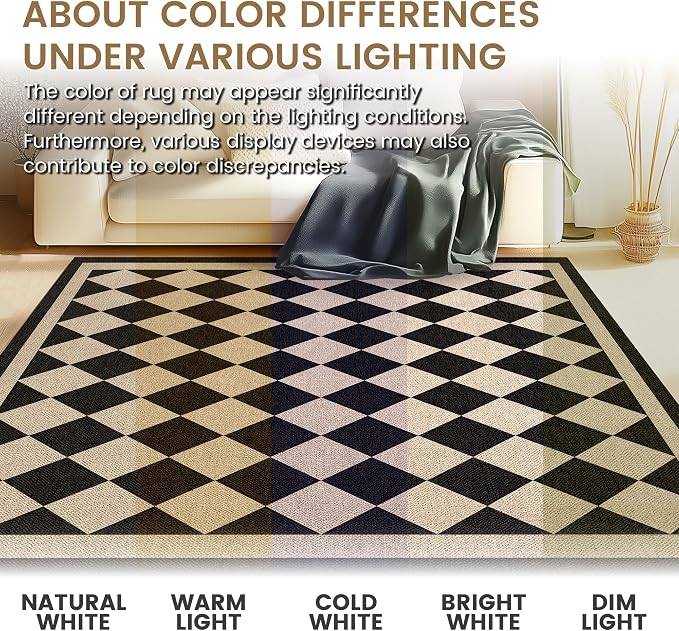 Washable Checkered Easy Jute Rug 5x7, Black Checkerboard Geometric Modern Outdoor Indoor Patio Large Rugs, Woven Thin Carpet Mat for Living Dining Room Bedroom Classroom Kids Nursery Play Room