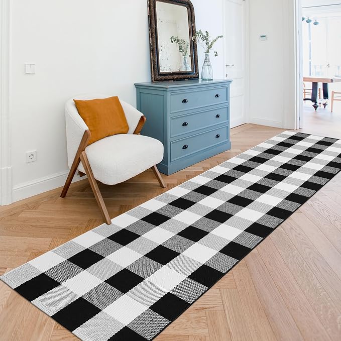 Buffalo Plaid Runner Rug 2x8 Feet Black and White Checkered Area Rug Farmhouse Hallway Rug Cotton Woven Washable Carpet for Entryway Kitchen Bedroom Living Room